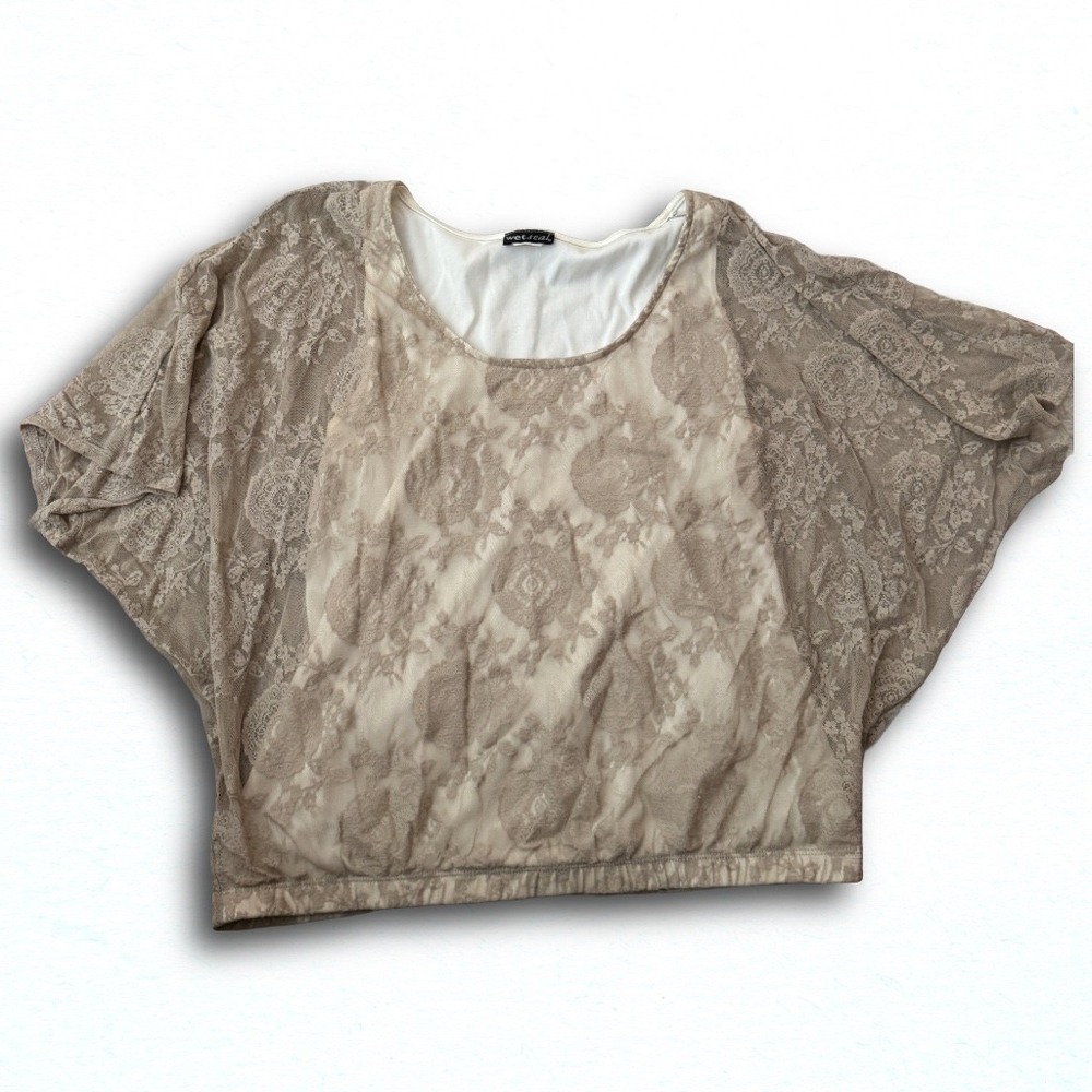 Wet Seal Women Beige Floral Lace Dolman Sleeve Blouson Top Lined Scoop Neck